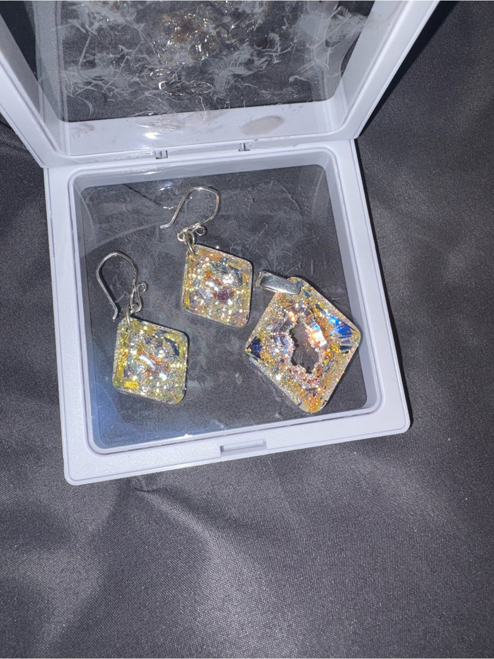 Handmade Swarovski Iridescent Square Earrings and Necklace  Set